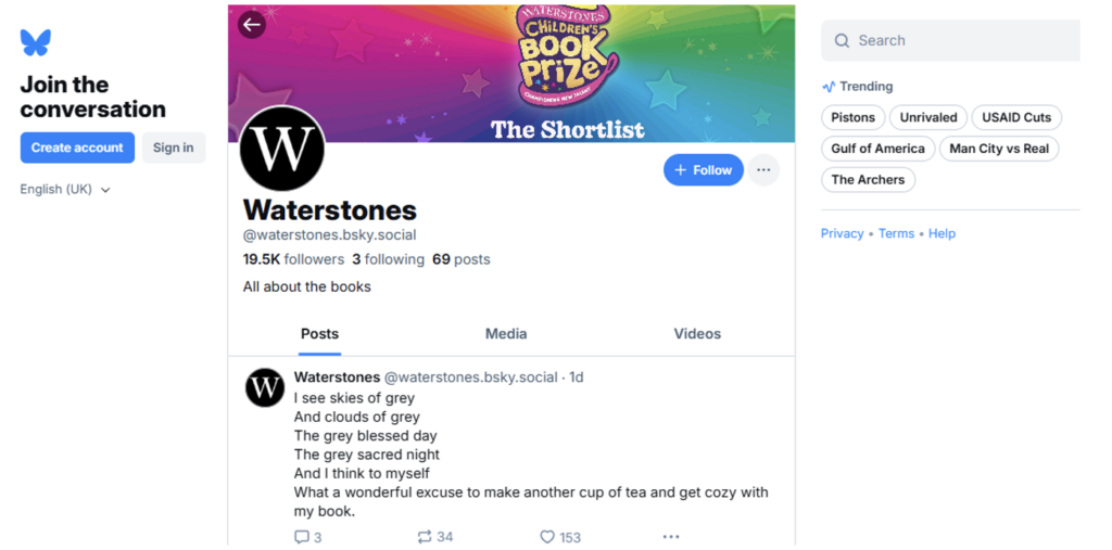 Bookseller Waterstones has a strong online presence and following on Bluesky.